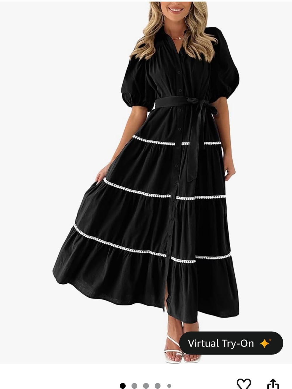 Black Tiered Maxi Dress with Puff Sleeves and Waist Tie
